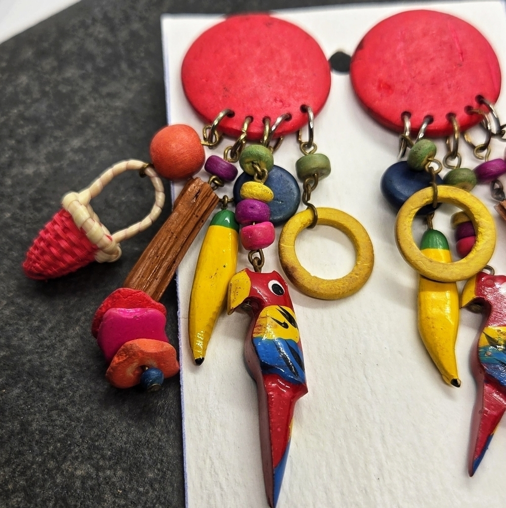 Artisan Colorful Parrot Banana Beads Wooden Dangle Earrings - Picture 9 of 15